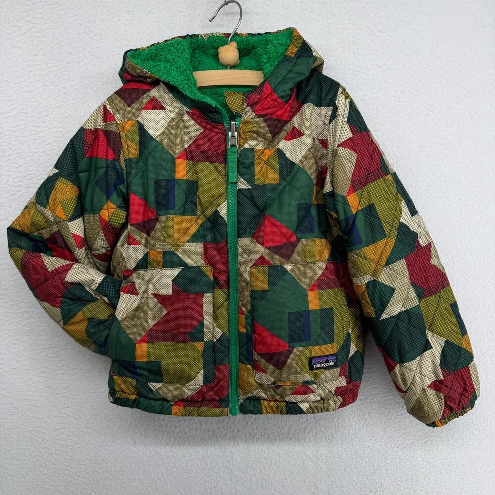 PATAGONIA Jacket Youth 2T Reversible Tribbles Hoodie Fleece Geometric Green